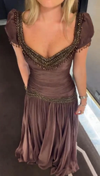 Vintage V Neck Brown Chiffon Beaded Mermaid Party Dress Long Classy Evening Gowns