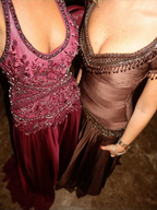Vintage V Neck Brown Chiffon Beaded Mermaid Party Dress Long Classy Evening Gowns