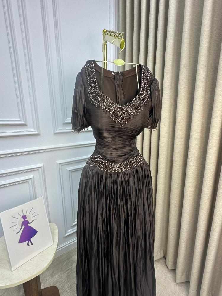 Vintage V Neck Brown Chiffon Beaded Mermaid Party Dress Long Classy Evening Gowns