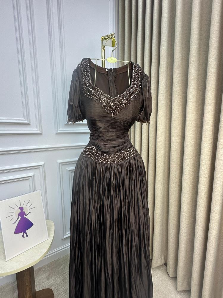 Vintage V Neck Brown Chiffon Beaded Mermaid Party Dress Long Classy Evening Gowns