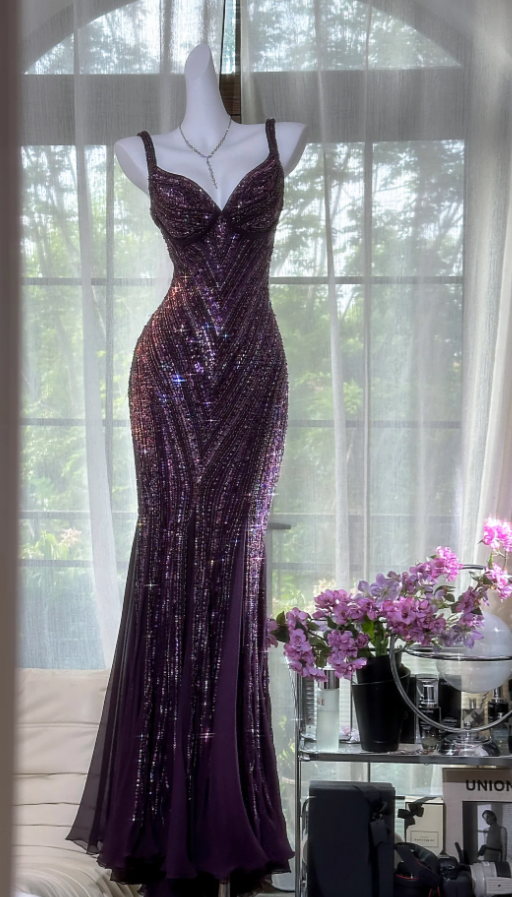 Vintage V Neck Dark Purple Chiffon Sequin Mermaid Long Party Gown Classy Evening Dress