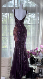 Vintage V Neck Dark Purple Chiffon Sequin Mermaid Long Party Gown Classy Evening Dress