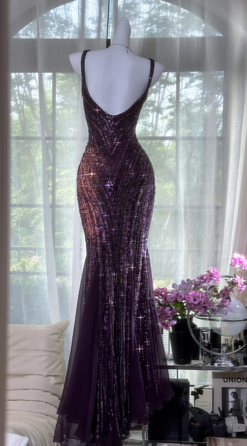Vintage V Neck Dark Purple Chiffon Sequin Mermaid Long Party Gown Classy Evening Dress
