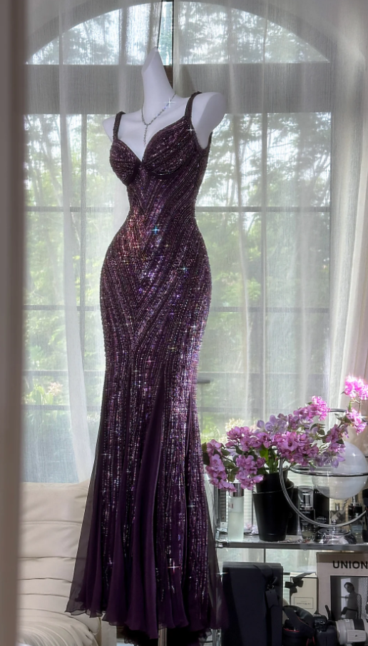 Vintage V Neck Dark Purple Chiffon Sequin Mermaid Long Party Gown Classy Evening Dress Main image