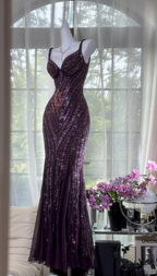 Vintage V Neck Dark Purple Chiffon Sequin Mermaid Long Party Gown Classy Evening Dress