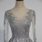 Vintage V-Neck Long Sleeves Appliques Beading Long Evening Dress