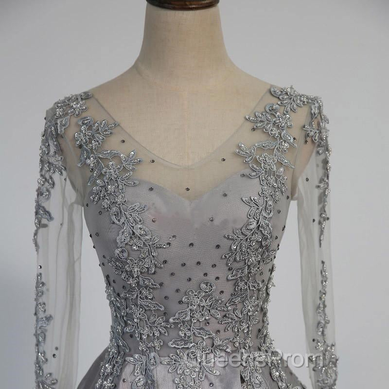 Vintage V-Neck Long Sleeves Appliques Beading Long Evening Dress