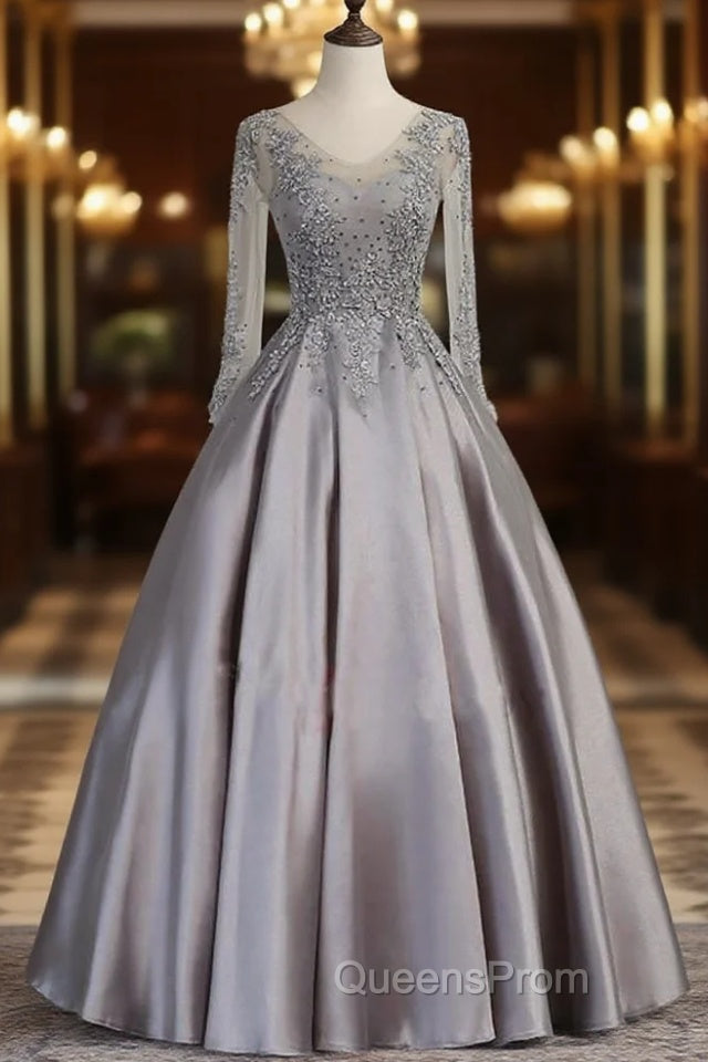 Vintage V-Neck Long Sleeves Appliques Beading Long Evening Dress Main image