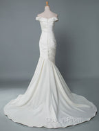 Vintage Wedding Dress Mermaid Off The Shoulder Sleeveless Pleated Satin Fabric With Train Traditional Dress For Bride