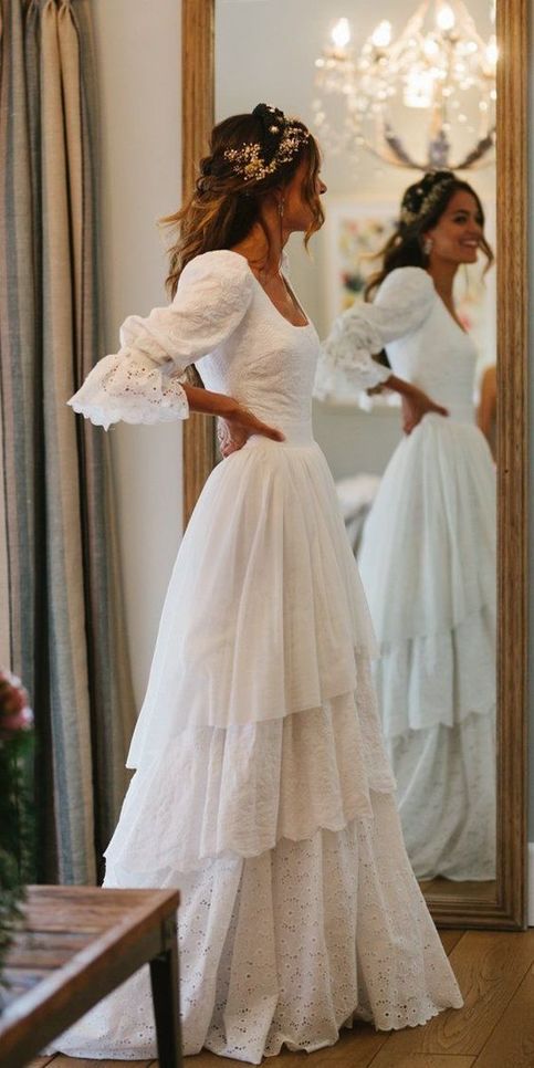 Vintage White Lace Wedding Gown, Ruffle Bridal Dress