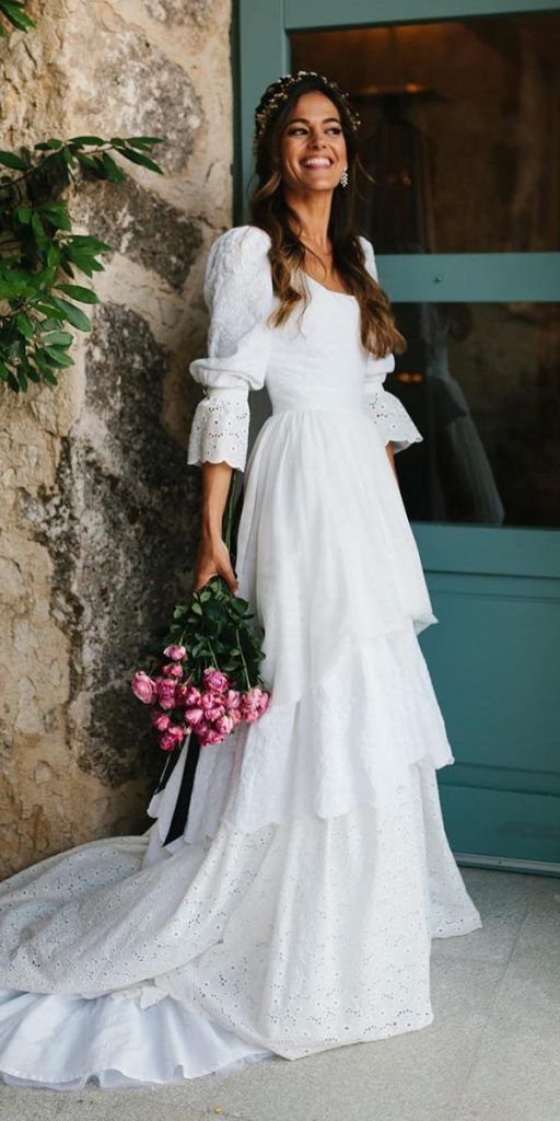 Vintage White Lace Wedding Gown, Ruffle Bridal Dress Main image