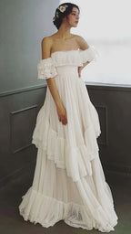 Vintage White Off The Shoulder Dots Ruffle Party Dress