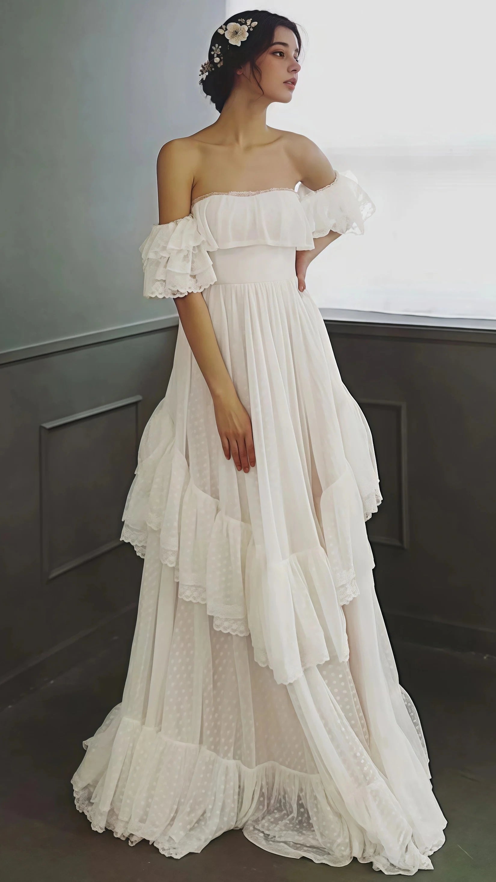 Vintage White Off The Shoulder Dots Ruffle Party Dress