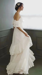 Vintage White Off The Shoulder Dots Ruffle Party Dress