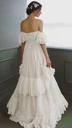 Vintage White Off The Shoulder Dots Ruffle Party Dress