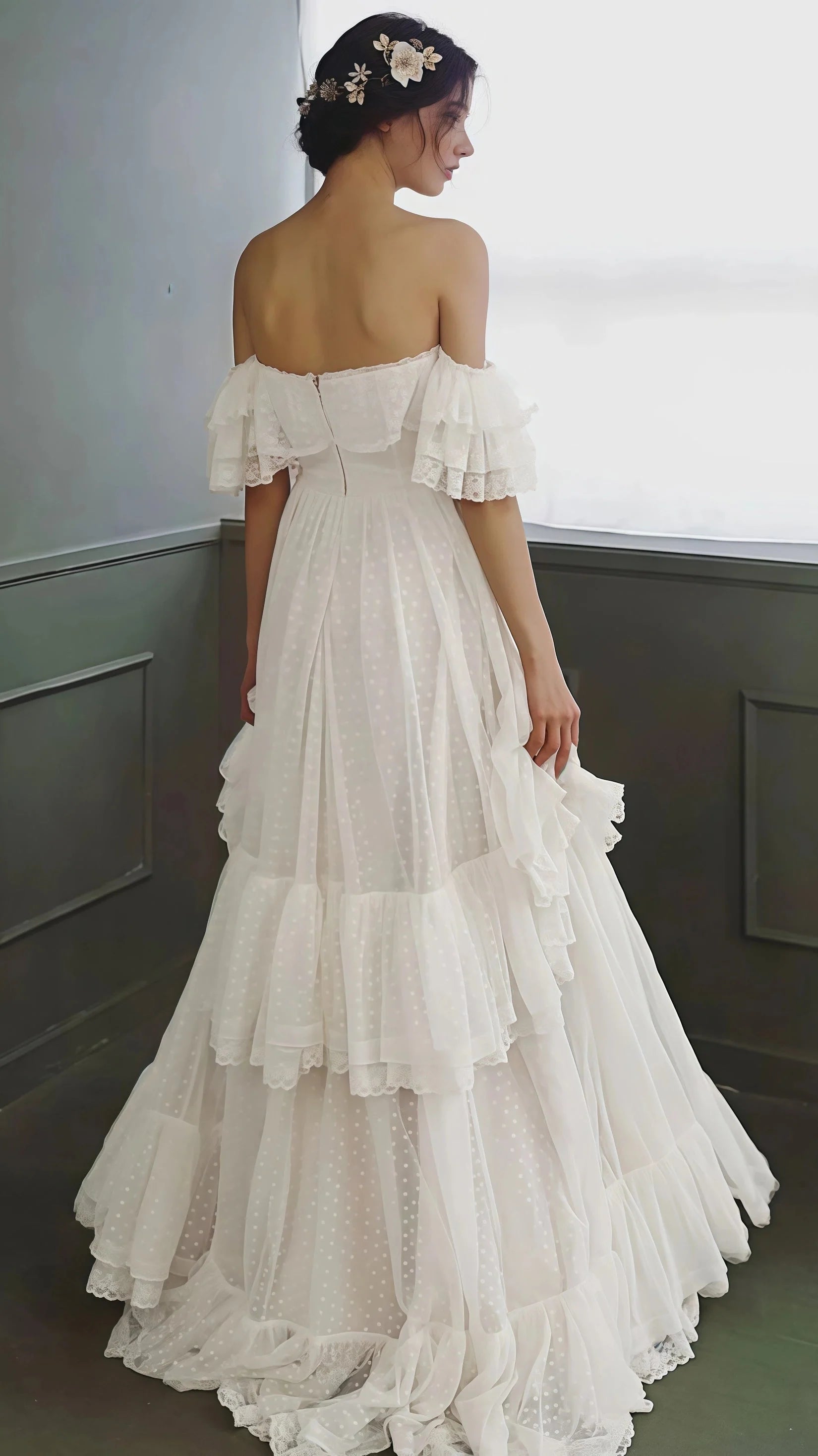Vintage White Off The Shoulder Dots Ruffle Party Dress