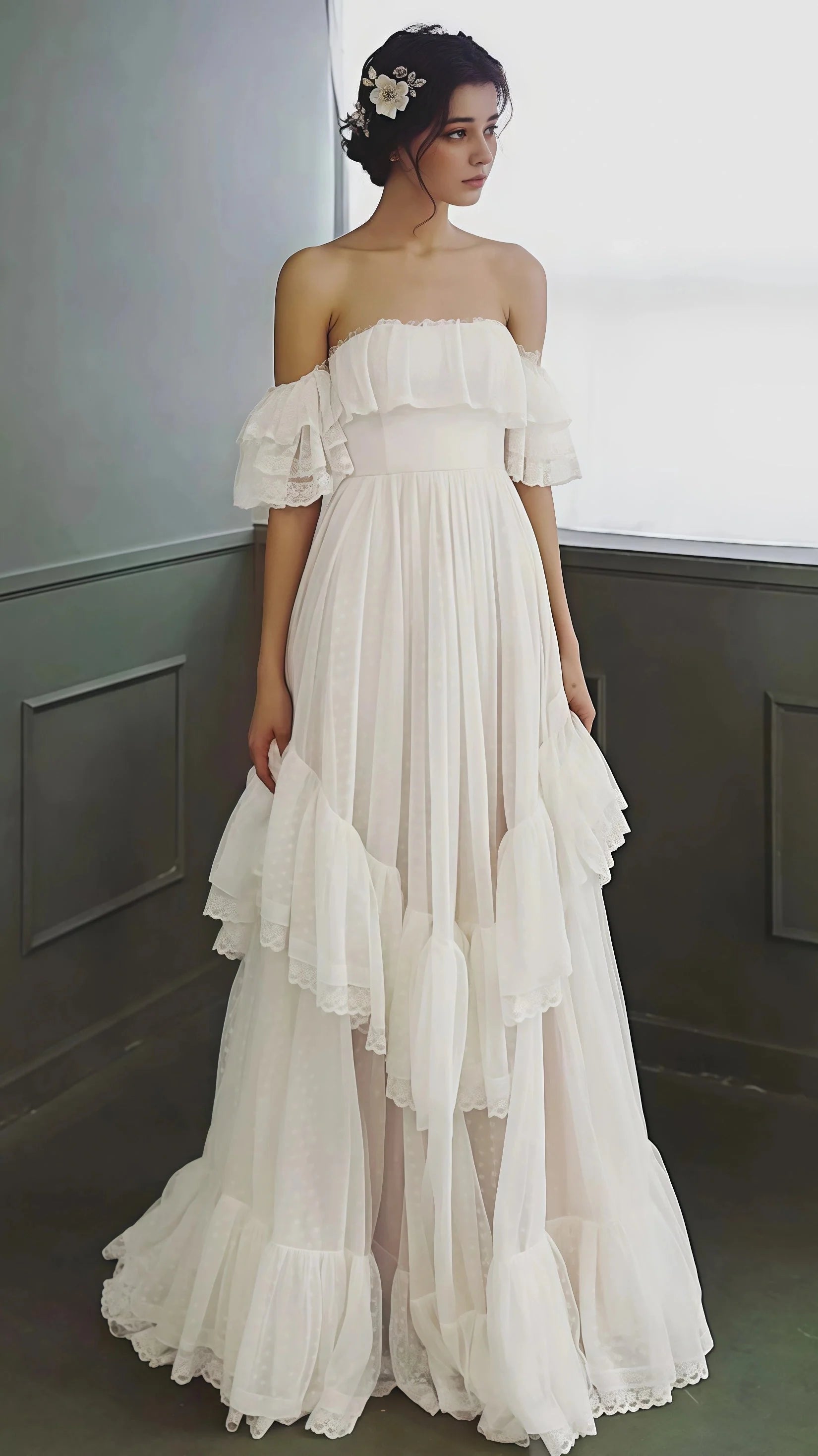 Vintage White Off The Shoulder Dots Ruffle Party Dress