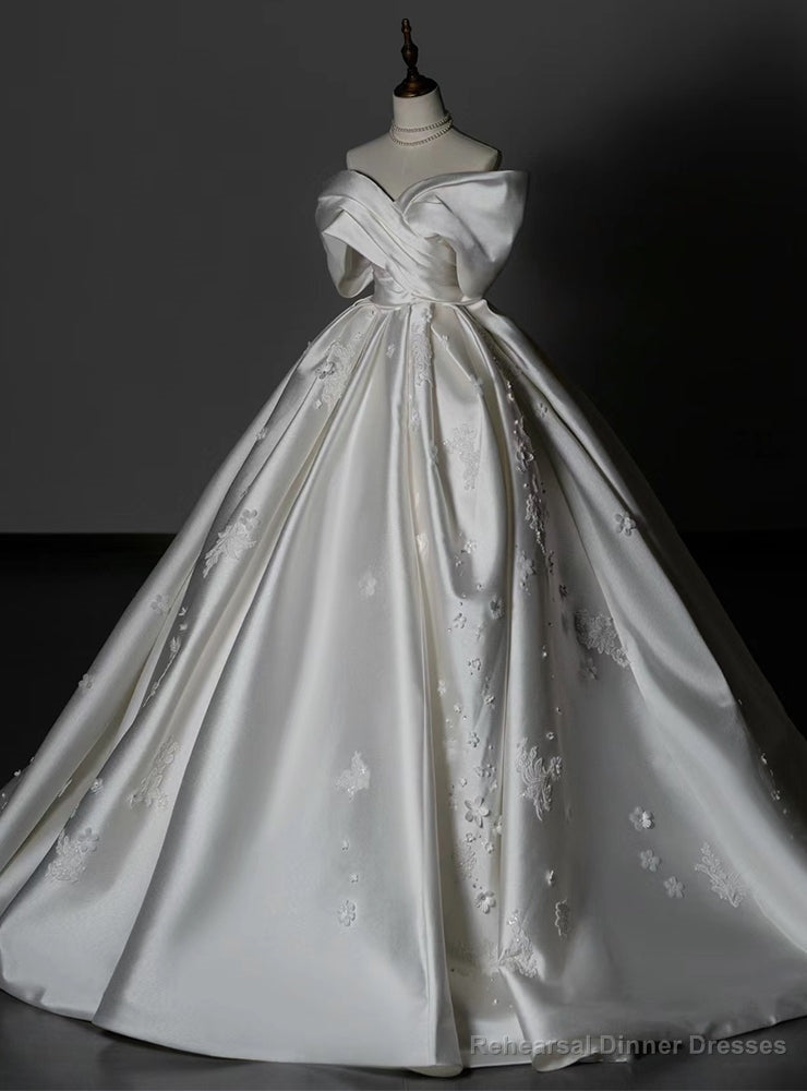 Vintage White Satin Off the Shoulder Flower Wedding Dress Main image