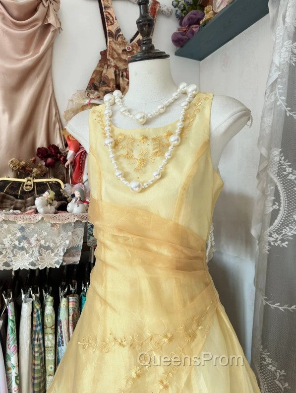 Vintage Yellow A-Line Boat Neck Tulle Long Evening Prom Dress Simple Embroidery Applique Evening Dress Secondary image