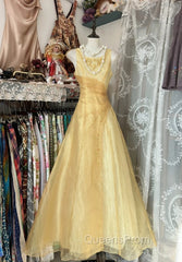 Vintage Yellow A-Line Boat Neck Tulle Long Evening Prom Dress Simple Embroidery Applique Evening Dress
