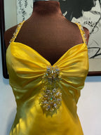 Vintage Yellow Fitted Halter Neck Satin Long Classy Prom Dress Bridesmaid Dress