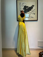 Vintage Yellow Fitted Halter Neck Satin Long Classy Prom Dress Bridesmaid Dress