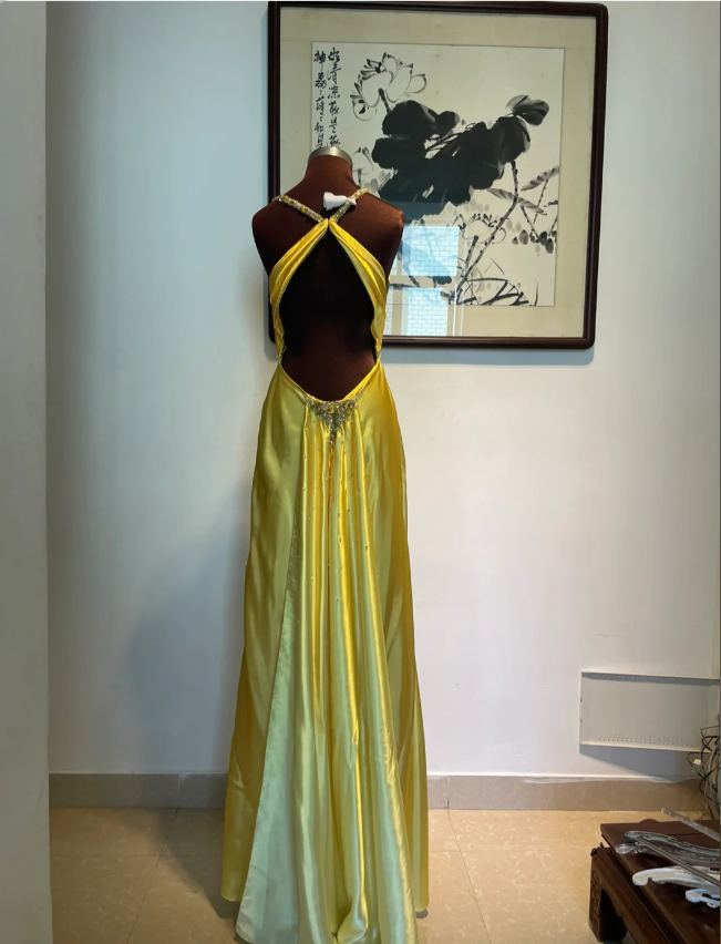 Vintage Yellow Fitted Halter Neck Satin Long Classy Prom Dress Bridesmaid Dress