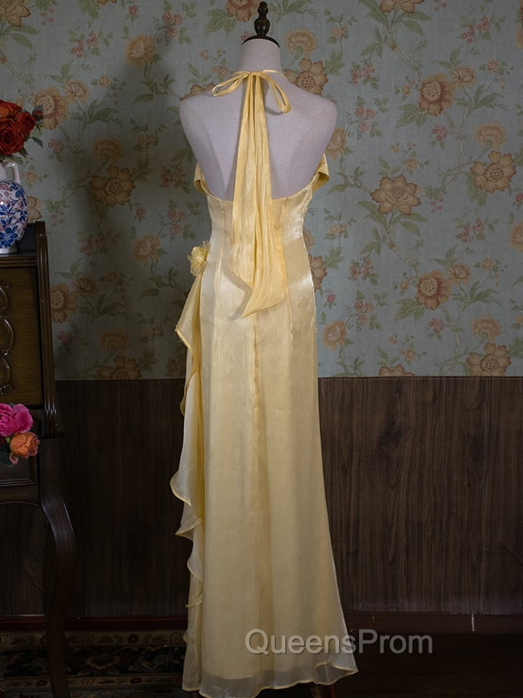 Vintage Yellow Halter Neck Floral Evening Prom Gown Fairy Princess Dress