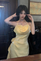 Vintage Yellow Halter Neck Floral Evening Prom Gown Fairy Princess Evening Prom Dress