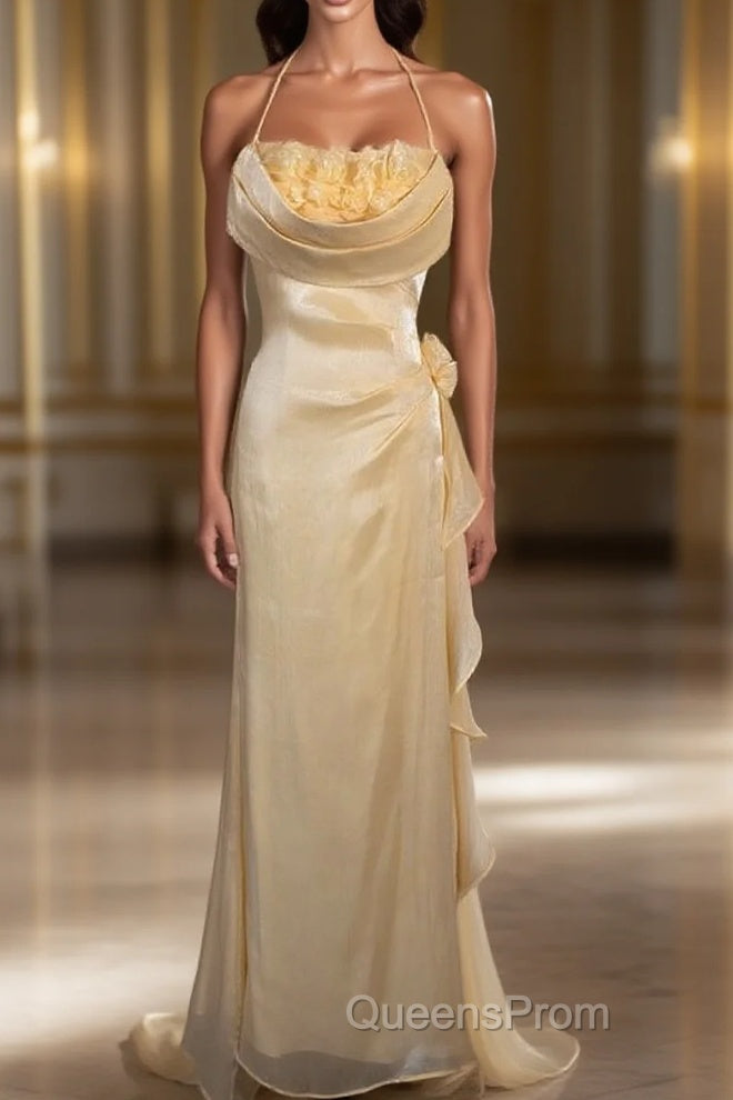 Vintage Yellow Halter Neck Floral Evening Prom Gown Fairy Princess Evening Prom Dress Main image