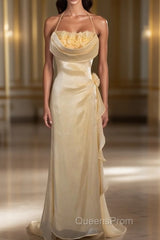 Vintage Yellow Halter Neck Floral Evening Prom Gown Fairy Princess Evening Prom Dress