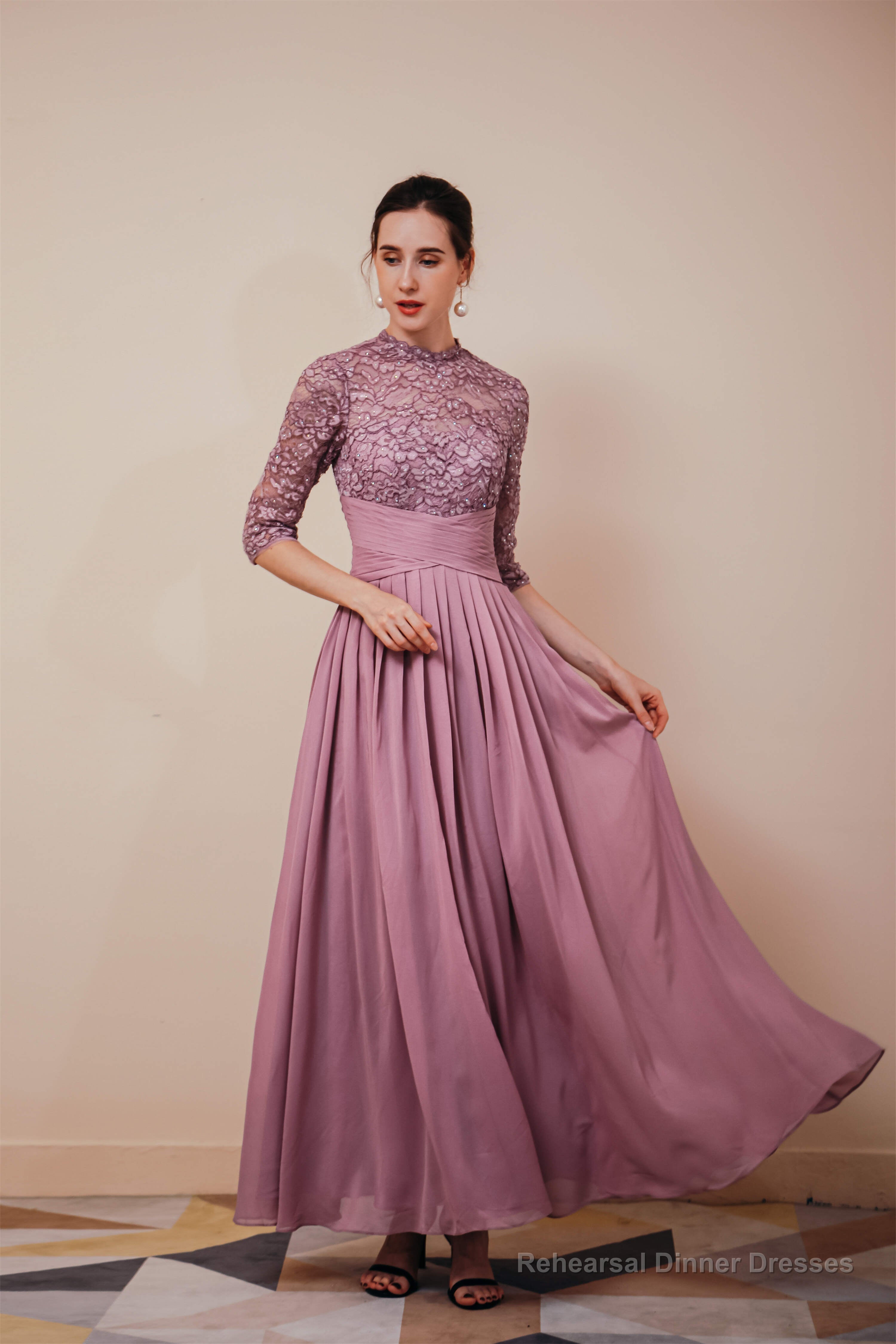 Lace Chiffon Long Zipper Back Mother of the Bride Dresses With Sleeves