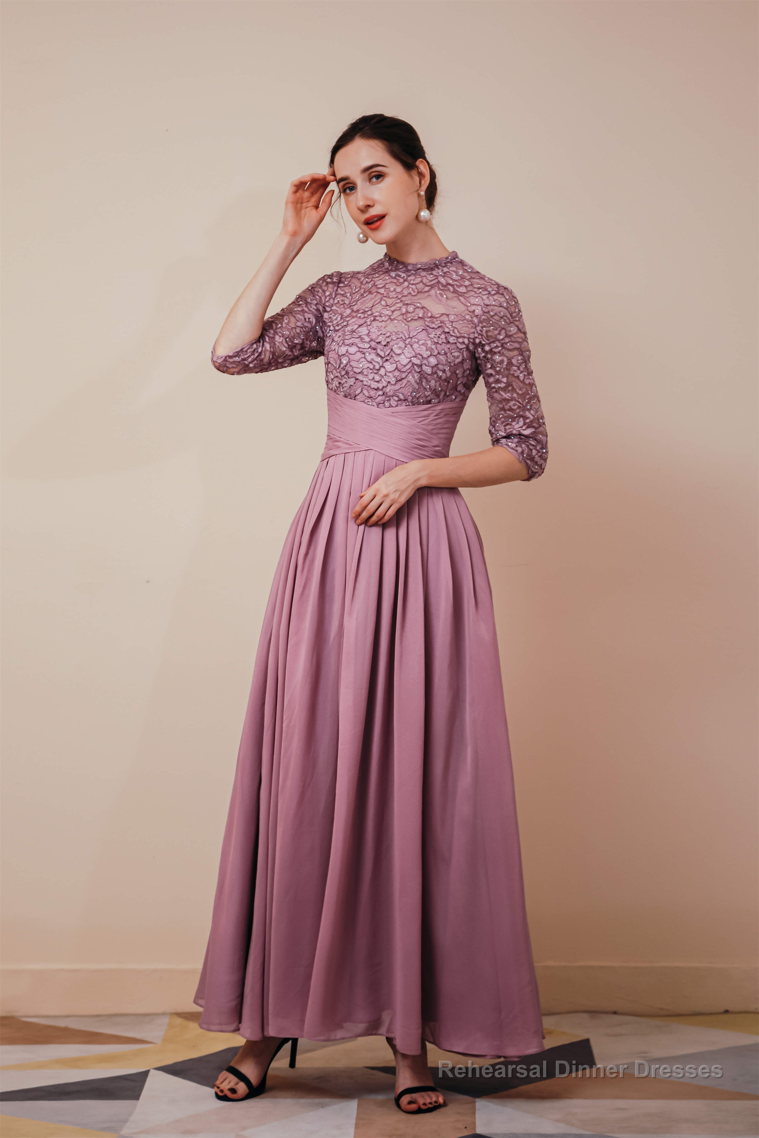 Lace Chiffon Long Zipper Back Mother of the Bride Dresses With Sleeves