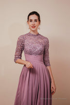 Lace Chiffon Long Zipper Back Mother of the Bride Dresses With Sleeves
