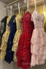 Red Off-the-Shoulder Lace Multi-Layers Appliques Sequins Homecoming Dress