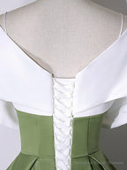 White+Green Satin Floor Length Prom Dress, V-Neck Off the Shoulder Evening Dress