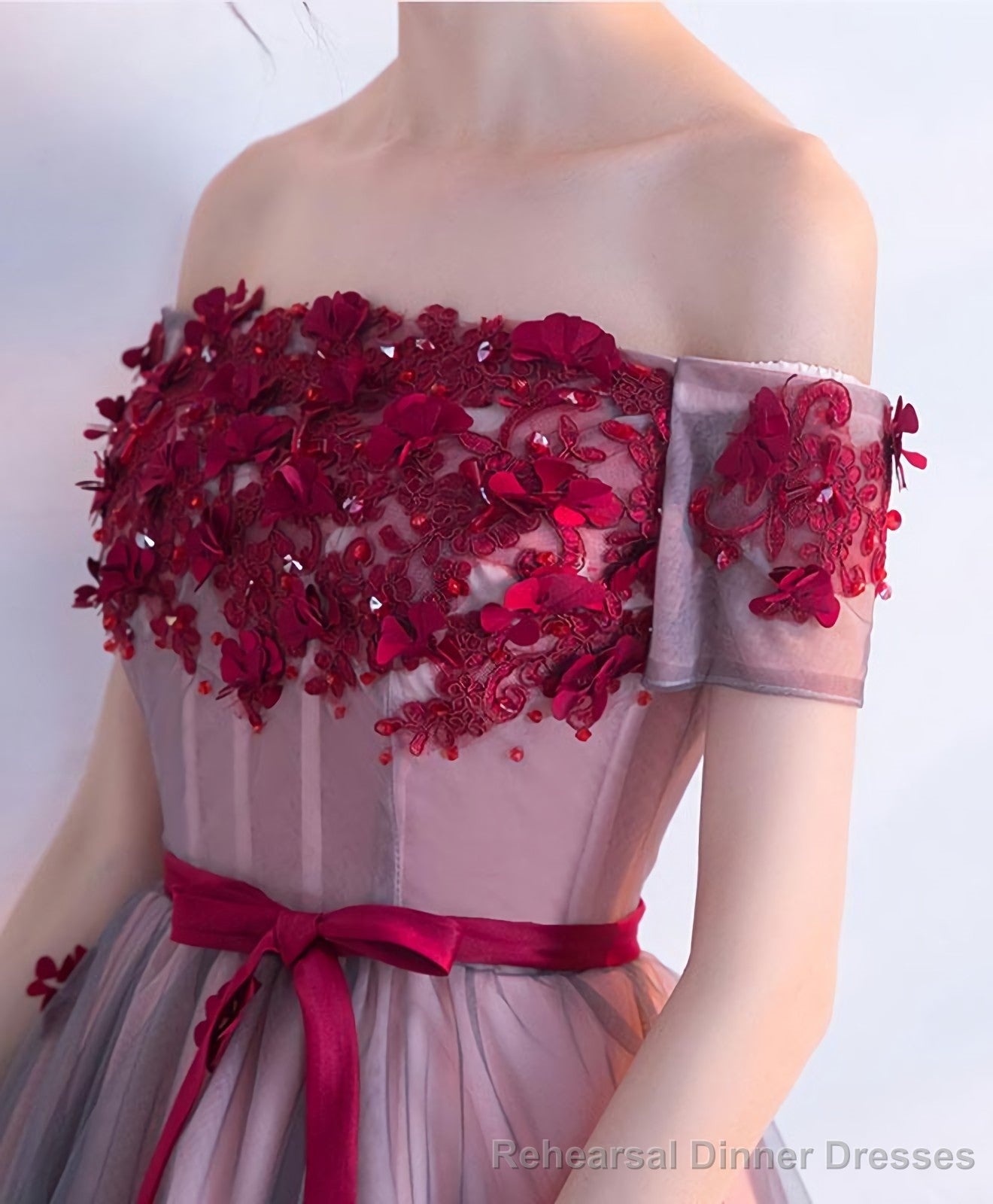 High Low Lace Tulle Off Shoulder Prom Dress Homecoming Dress Secondary image