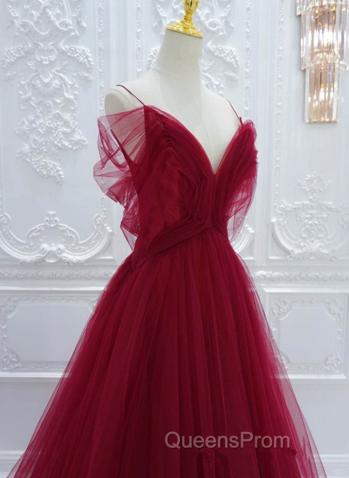 Wine Red Tulle V-Neckline Off Shoulder With Bow, Wine Red Tulle Long Evening Prom Dress Secondary image