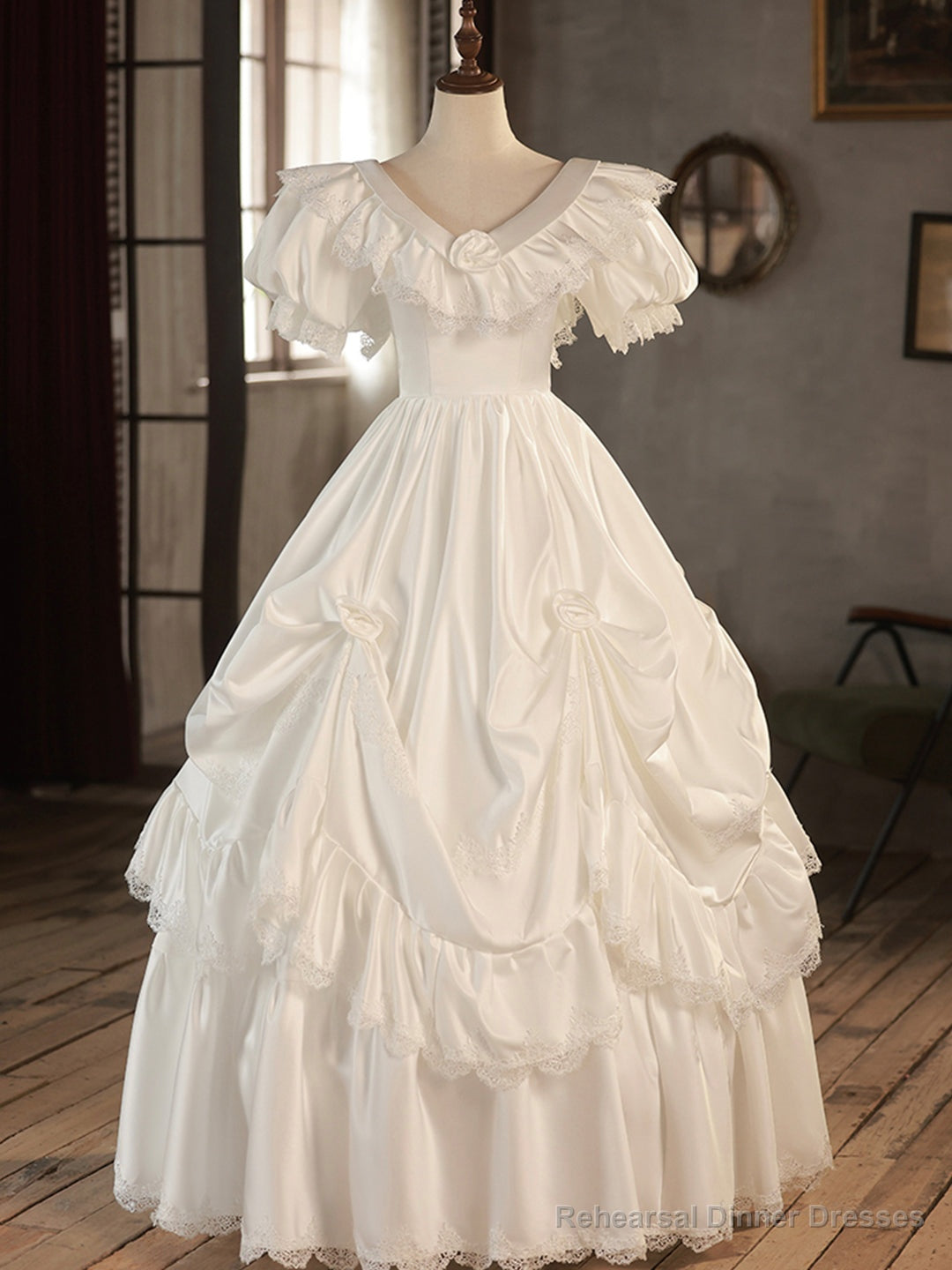 White V-Neck Satin Long Prom Dress, Lace Wedding Dress Main image