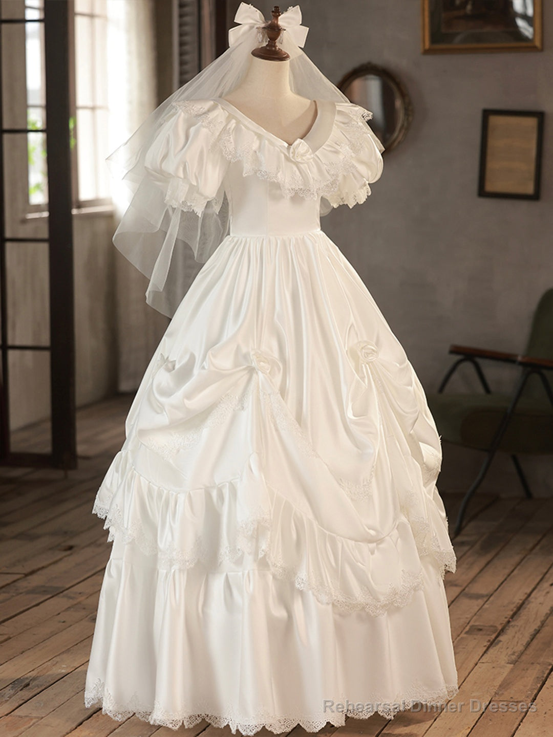 White V-Neck Satin Long Prom Dress, Lace Wedding Dress Secondary image
