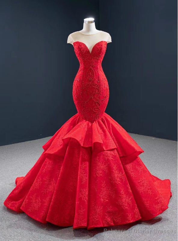 We Offer a Large Numbers Of Red Mermaid Lace Cap Sleeve Beading See Through Neck Prom Dress Main image