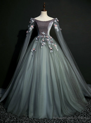 We Provide Gray Tulle Velvet Off the Shoulder Appliques Quinceanera Dress