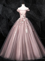 We Provide Pink Ball Gown Tulle Off the Shoulder Appliques Quinceanera Dress