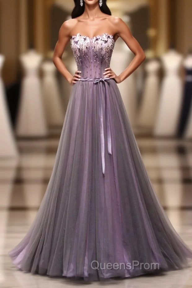 Pruple Tulle Sweetheart Neck Long Evening Prom Dress, Evening Dress Main image