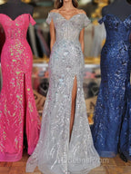Fuchsia Off-Shoulder Sequined Floral Mermaid Long Evening Prom Dress with Slit