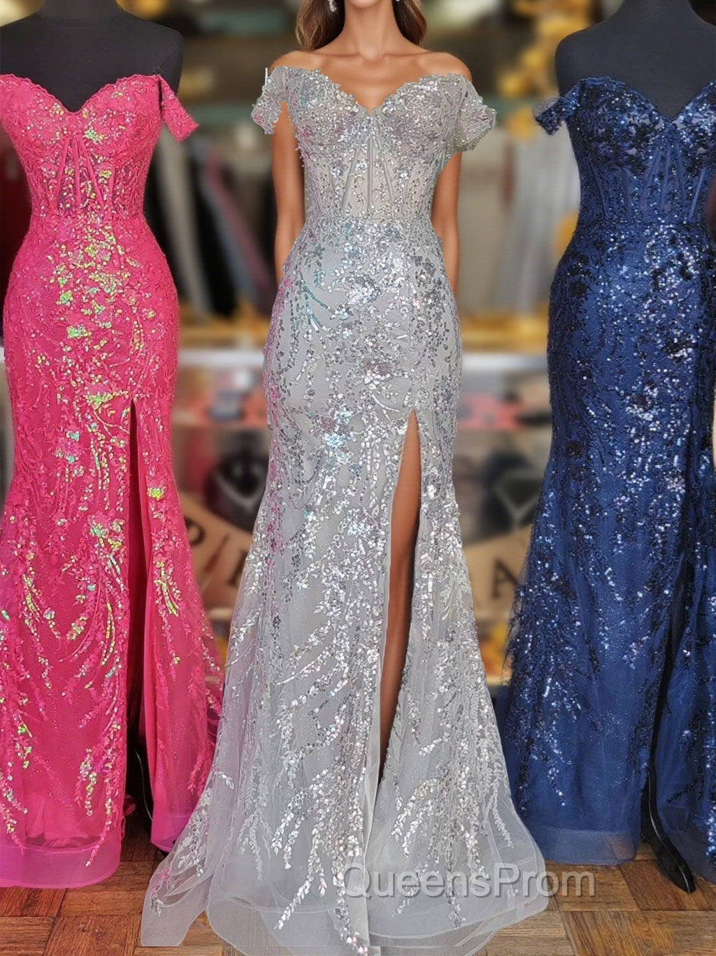 Fuchsia Off-Shoulder Sequined Floral Mermaid Long Evening Prom Dress with Slit