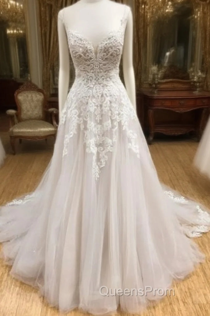 Wh V Neck Tulle Long Evening Prom Dress, Lace Evening Dress, White Lace Wedding Dress Main image