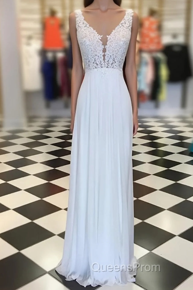 White A-line chiffon lace long Evening Prom Dress, white bridesmaid Dress Main image