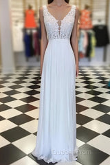 White A-line chiffon lace long Evening Prom Dress, white bridesmaid Dress