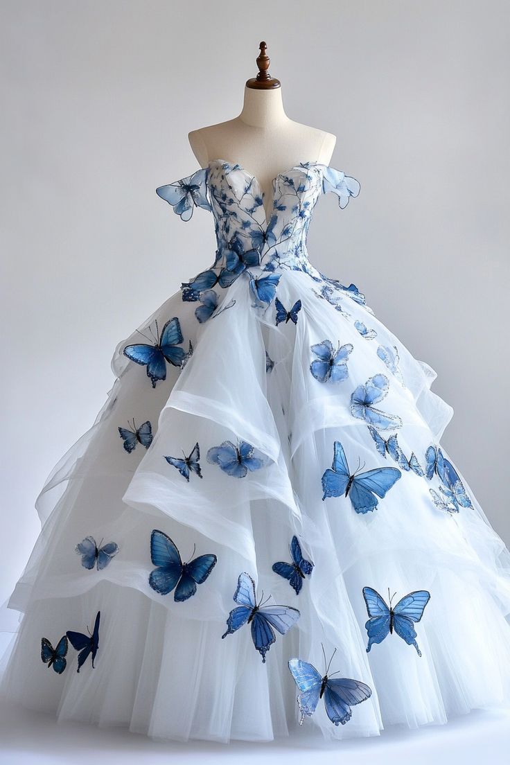 White A-Line Fairytale Tulle Long Classy Prom Dress With 3D Butterfly Off-The-Shoulder Classy Evening Gown For Birthday&Quinceanera Main image